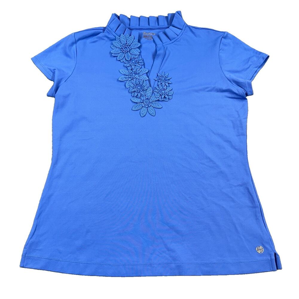 Lilly Pulitzer Luxletic Floral Applique Ruffle Collar Top Blue Size L